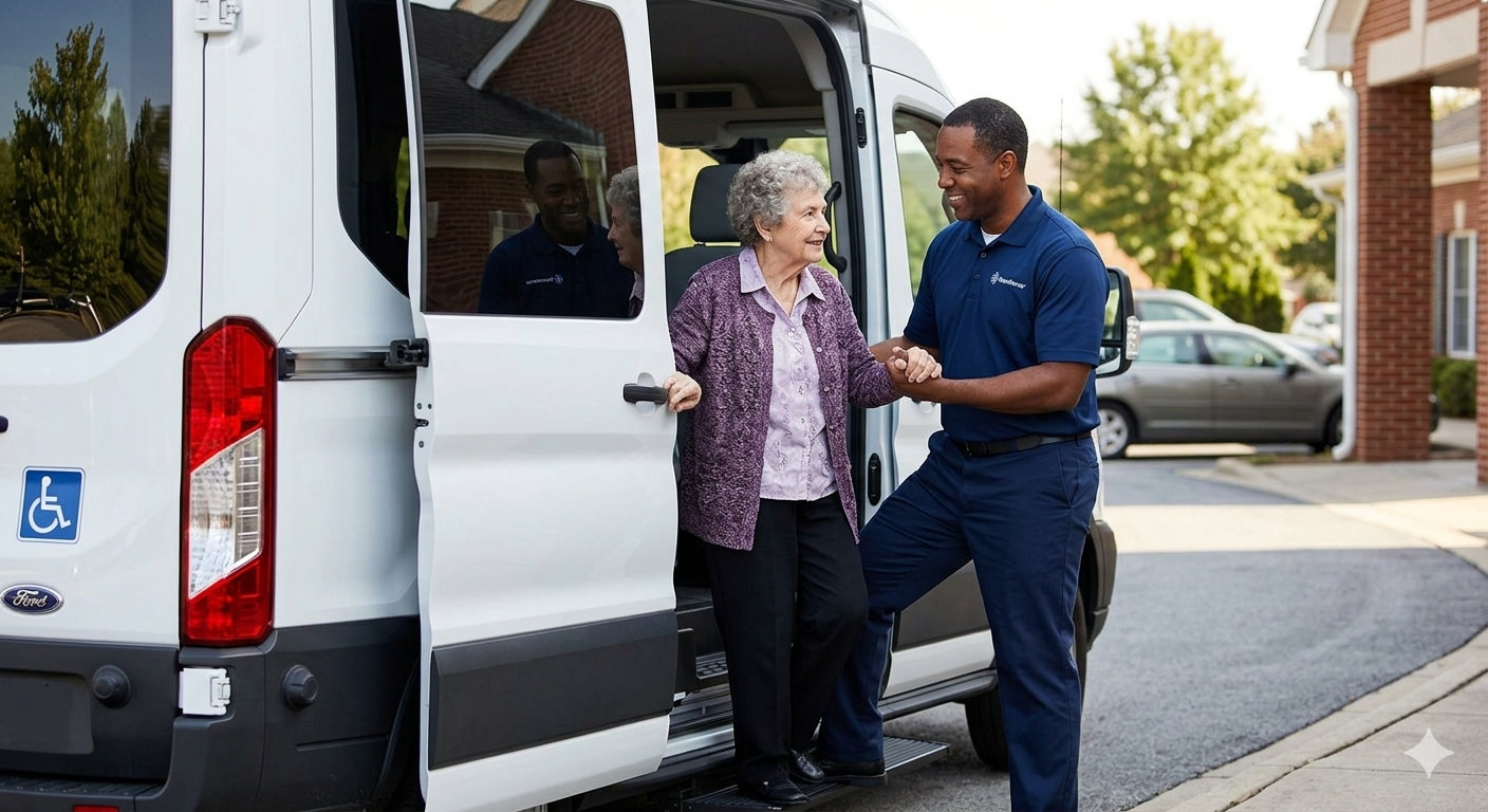 A happy professional driver helping a patient.